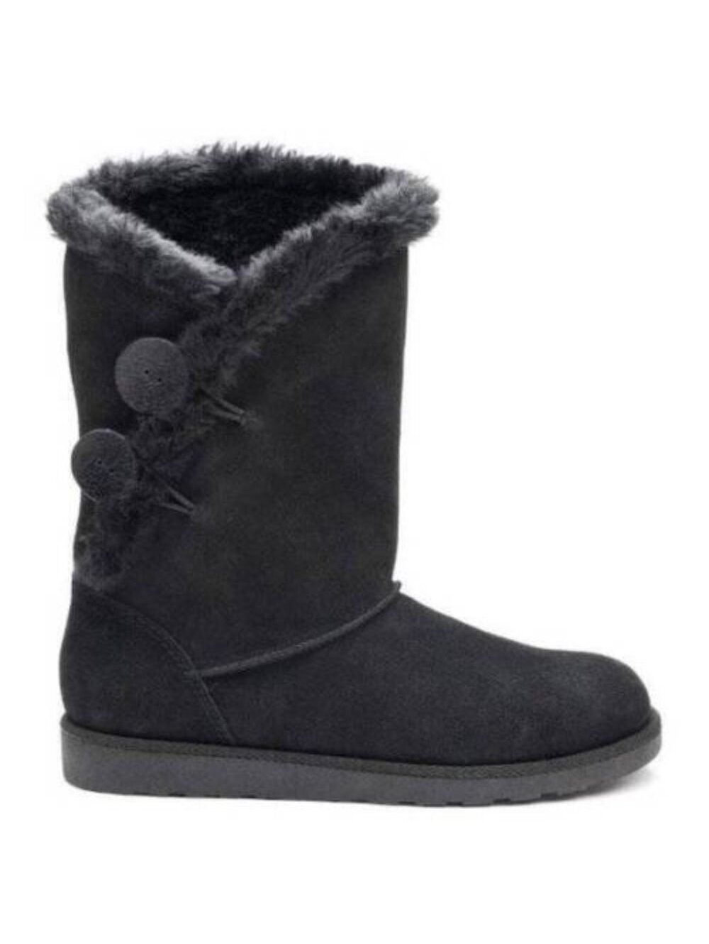 Womens Winter Boots SO Black 7.5 Mid Calf Pull On Plush Suede Button Fx Fur Trim